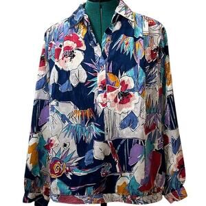 Da-Rue Blouse Multi Abstract Floral Crinkle Button Front Women Large Vintage